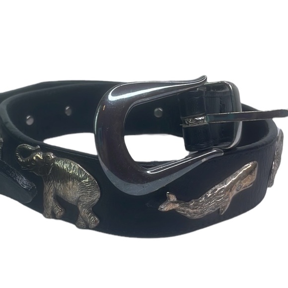 Unbranded Accessories - 1992 VINTAGE Black 100% Leather Endangered Species Animal Belt w/ Brass Buckle